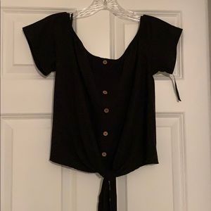 Black ribbed off the shoulder button up top